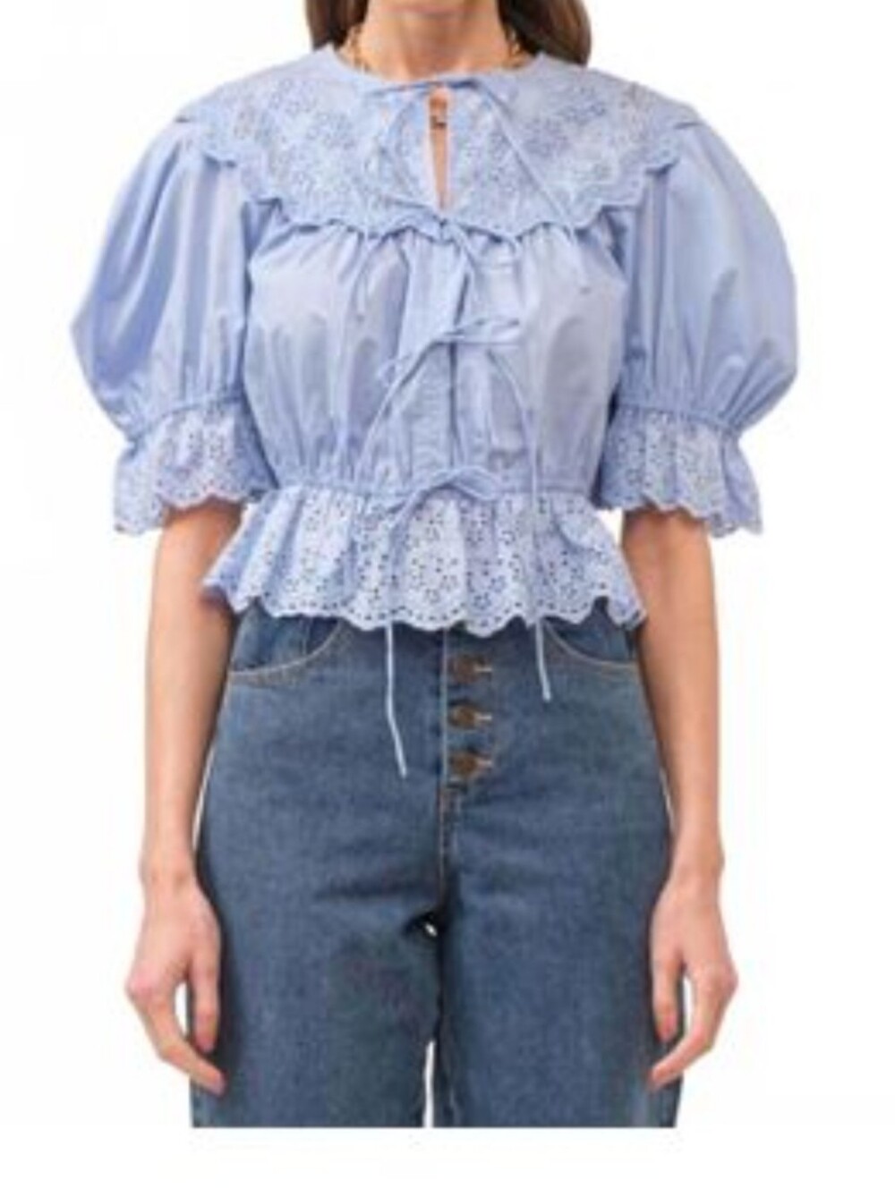 Sofie The Label Emi Embroidered Scalloped Eyelet Tie-Front Blouse #3893